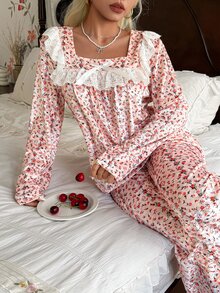 CottageSlumber Women's Velvet Floral & Striped Print Long Sleeve Pants Pajama Set, Lace Patchwork Design, Romantic Casual Style, Suitable For Autumn/Winter - Pink - View 3