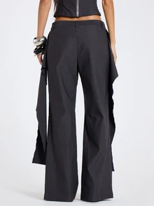 MUSERA Grey Ruffle Detail High Waist Trouser Pants Fall Winter Women Outfit Casual - Dark Grey - View 4