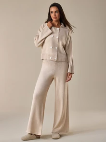 SHEIN طقم نسائي قطعتين بياقة بولو وأزرار أمامية وأكمام طويلة - كريم - مشاهدة 6