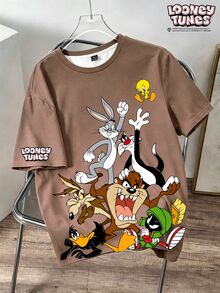 LOONEY TUNES X SHEIN Daypath 男士卡通印花休閒日常短袖T恤 - 咖啡棕 - 查看 5