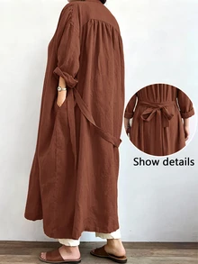 Linhara CURVE Jaket Linen Panjang Kasual Wanita, Pakaian Luar Kasual untuk Jalan-jalan dan Berpergian - Rust Brown - View 2