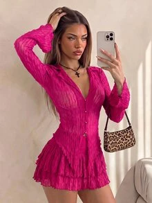 SHEIN ICON 萵苣邊不對稱下擺透視上衣（不含內衣）雙層蛋糕裙兩件套 - 玫紅色 - 查看 5
