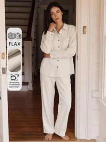 Livesso Women's Solid Color Single-Breasted Long Sleeve Top And Pants Casual Daily Loungewear Set - Beige - View 5