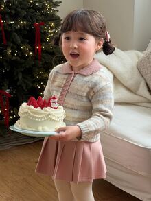 DAZY Baby Girl Striped Long Sleeve Knit Cardigan With Collar, Autumn/Winter - Grey - View 1