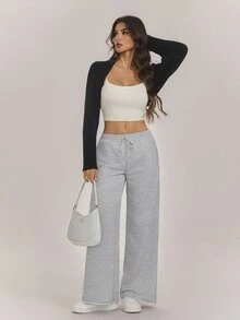 SHEIN Tall بنطال رياضي نسائي كاجوال بلون موحد وساق واسعة 2 قطعة - متعدد الألوان - مشاهدة 8