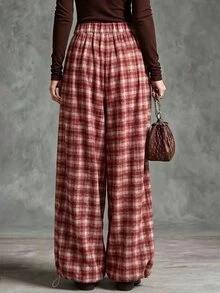 SHEIN بنطلون طويل كاجوال للنساء بخصر مطاطي ونقشة مربعات - ابيض واحمر - مشاهدة 2