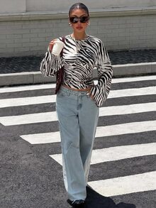 Muchica Nouveau T-shirt à manches longues blanc & gris vintage à rayures zébrées, coupe slim, top basique élégant et décontracté pour le printemps, l'été, l'automne et l'hiver, convient pour les sorties et les fêtes, tenue à rayures zébrées pour femmes - Multicolore - Voir 5