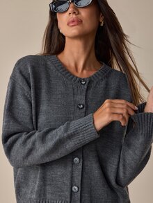 SHEIN طقم ملابس منزلية نسائي من الصوف الناعم – كارديجان بأزرار أمامية & بنطال واسع الساق - رمادي - مشاهدة 5