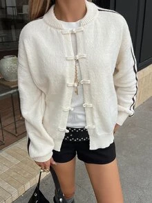 Livesso Women's White Round Neck Button Cable Knit Long Sleeve Slim Fit Ribbed Cardigan, Autumn/Winter - White - View 5