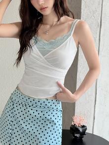 K-Vae Korean Style Sexy Lace Patchwork 2 In 1 Camisole Tank Top - Green - View 1