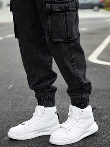 EGENSIO Plus Size Men's Drawstring Waist Casual Daily Wear Cargo Denim Jeans - Black - View 5