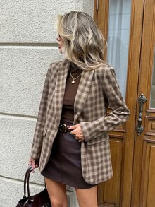 SHEIN LUNE 休閒通勤女款西裝外套 長袖 秋冬格紋 日常基礎時尚外套套裝 - 棕色 - 查看 3