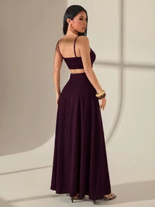 SHEIN PETITE 女款純色短版細肩帶背心上衣與裙子時尚兩件套 - 酒紅色 - 查看 2