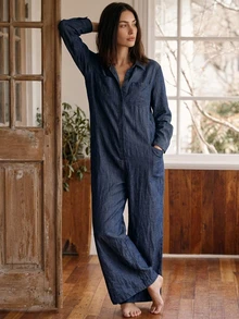 Livesso Women's Minimalist Pocket Long Sleeve Loungewear Jumpsuit - Navy Blue - View 6