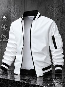 Manfinity Homme Jaket Baseball Pria Warna Putih, Model Longgar dengan Resleting, Cocok untuk Perjalanan Sehari-hari dan Liburan Akhir Pekan - Putih - View 1