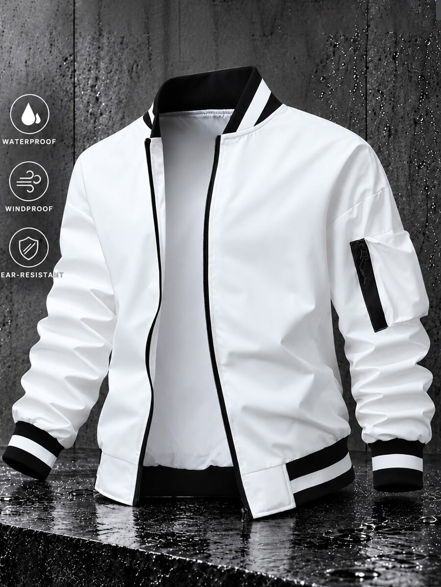 Manfinity Homme Jaket Baseball Pria Warna Putih, Model Longgar dengan Resleting, Cocok untuk Perjalanan Sehari-hari dan Liburan Akhir Pekan - Putih - View 1