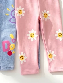 女嬰心形花卉印花仿牛仔休閒修身套頭長褲 - 彩色 - 查看 3