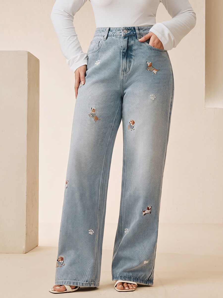 Anewsta Women's Washed Blue Embroidered Puppy Pattern Straight Leg Jeans - Blue - View 1