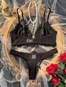 SHEIN 女款深V性感內衣與三角內褲黑色時尚魅力內衣套裝 2件組 - 黑色 - 查看 2