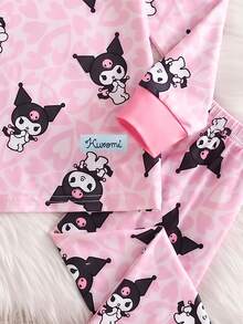 HELLO KITTY AND FRIENDS | SHEIN 女童卡通印花長袖上衣與長褲休閒日常居家睡衣套裝 - 粉色 - 查看 4