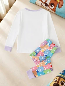 SHEIN X Care Bears GraphicGems 2件組秋冬少女聯名可愛卡通彩色彩虹熊印花柔軟舒適貼身高彈薄款圓領套頭長袖長褲家居服套裝 - 紫色 - 查看 2