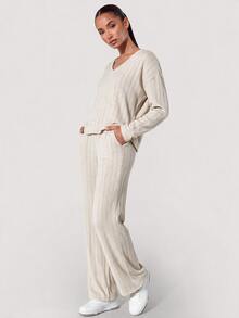 SHEIN BASICS Women's Solid Color V-Neck Long Sleeve Top And Pants Casual Daily 2 Pieces Set - Apricot - View 12
