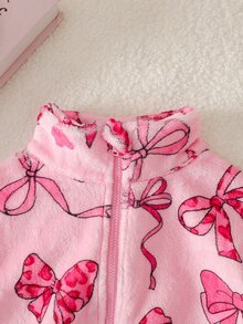 SHEIN Genkimix Kids Young Girls Sweet Cute Bow Fuzzy Zipper Jacket Coat Suitable For Daily Casual Outings Spring Autumn Winter - Pink - View 4