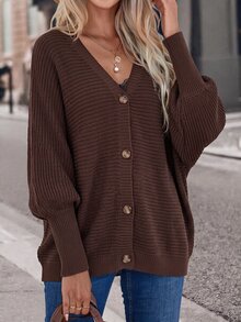 SHEIN Women's Solid Color Casual Versatile Daily Wear Cardigan - Coffee Brown - View 5