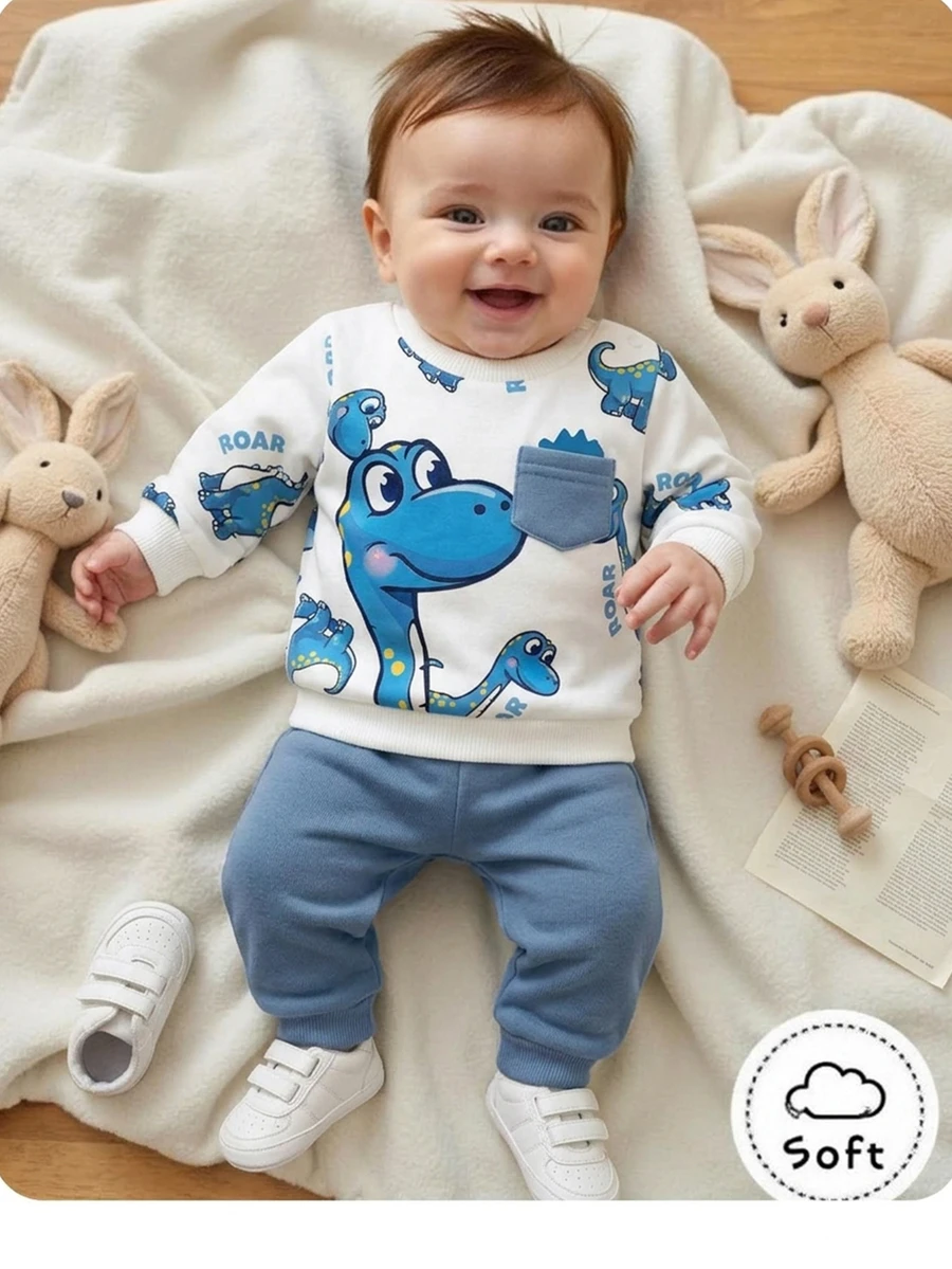 Set Baju Lengan Panjang dan Celana Motif Kartun Lucu untuk Bayi Laki-laki/Perempuan Baru Lahir Musim Gugur/Dingin - Biru - View 1