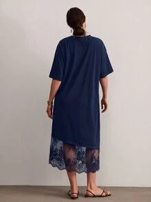 Freevana Plus Size Women Lace Patchwork Casual Party Dress - Royal Blue - View 2
