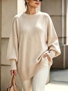 Trelyra Plus Size Women's Solid Color Casual Daily Long Sleeve Sweater - Apricot - View 1