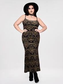 ROMWE Plus Size Women's Holiday Party Gothic Style Gold Pattern Velvet Spaghetti Strap Dress - Gold - View 6