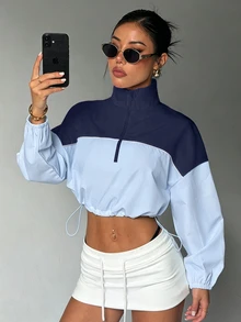 Easithlete 女款寬鬆白色半拉鍊長袖運動衛衣，對比色羅紋拼接，抽繩下擺，梭織面料，休閒穿搭，秋季 - 彩色 - 查看 1
