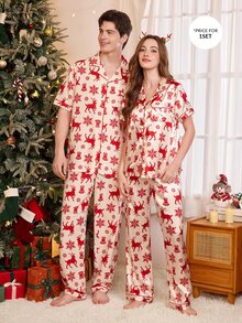 CoupledUp Set Piyama Wanita Motif Natal Rusa Merah & Putih dan Kepingan Salju dengan Kerah Lapel Sutra Imitasi - Merah - View 1