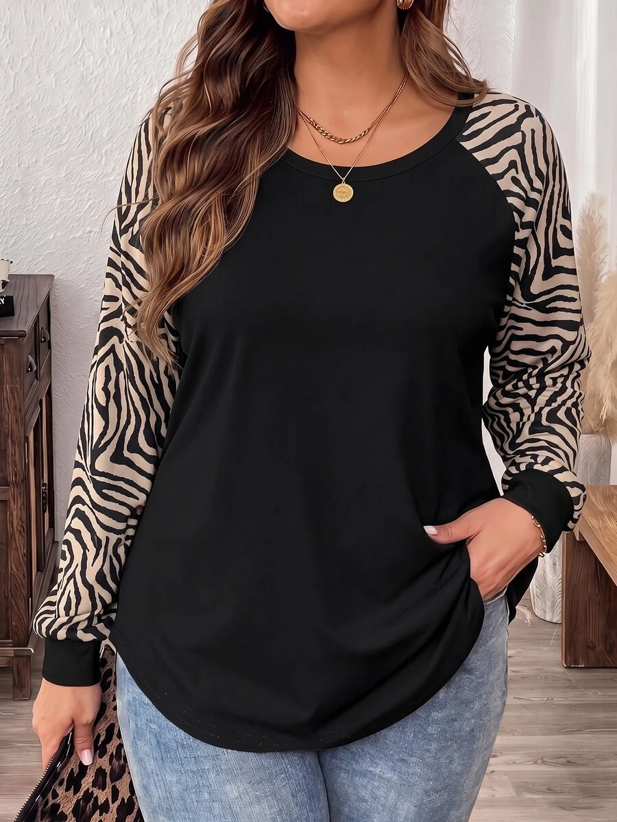 SHEIN VCAY Plus Size Women's Casual Raglan Sleeve Round Neck Loose Fit T-Shirt Suitable For Spring And Autumn - Multicolor - View 1