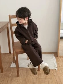 DAZY Baby Girl Solid Color Zip-Up Hoodie And Pants Casual Daily Set - Coffee Brown - View 8