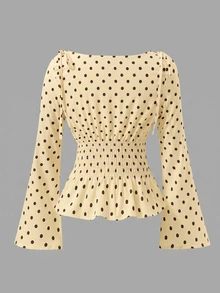 Blus Anak Perempuan Remaja Motif Polkadot Cokelat Musim Gugur dengan Pinggang Berkerut, Model Lucu untuk Sekolah - Kuning - View 2