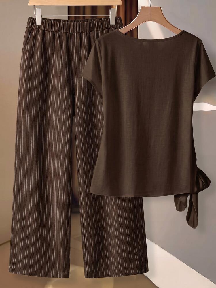 SHEIN Clasi Women's 2 Pieces Set With Tie Bow Blouse And Loose Straight Leg Pants, Casual Minimalist Vintage Elegant Commuter Versatile, Women's Autumn Clothing, Autumn Outfit, Women's Commuter Outfit, All-Match Top, Going Out Outfit, Airport Outfit - Multicolor - View 2