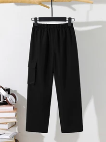 SHEIN 青少年男孩休閒百搭保暖內裡加厚工裝長褲，下身褲，適合秋冬、學校、家庭聚會、度假、派對，秋季穿搭，冬季 - 黑色 - 查看 4