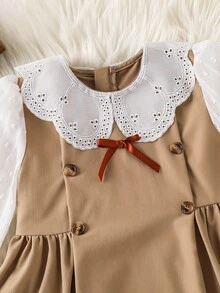SHEIN 女童編織撞色雙排扣蝴蝶結領休閒洋裝 - 卡其色 - 查看 3