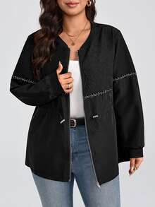 SHEIN LUNE CURVE European & American Plus Size Women's Black Patchwork Baseball Jacket, Casual Style Embossed Embossed Fabric With Chain Decoration, Cinched Waist, Loose Fit Zip-Up Jacket - Black - View 3