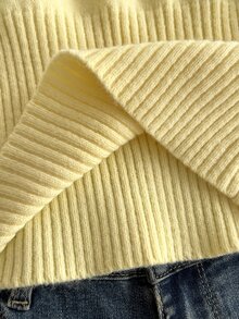 Sweetra Minimalist Cream Yellow Turtleneck Cropped Knit Top - Yellow - View 6