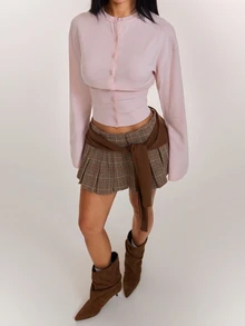 SHEIN PETITE Cardigan Wanita Elegan Warna Polos dengan Pinggang yang Diikat dan Kancing Depan, Lengan Panjang - Baby Pink - View 7