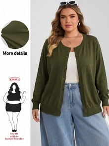SHEIN CURVE+ 大尺碼休閒純色圓領長袖寬鬆女款上衣 - 軍綠色 - 查看 3