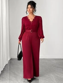 Elenzga Plus Size French Style V-Neck Lace Patchwork Hollow Lantern Sleeve Waist Belt Wide Leg Jumpsuit - Burgundy - View 4