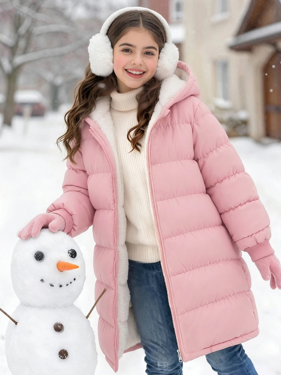 SHEIN 1pc Tween Girl Mid-Length Long Sleeve Padded Coat With Fleece Lining, Comfortable And Warm Solid Color - Pink - View 1