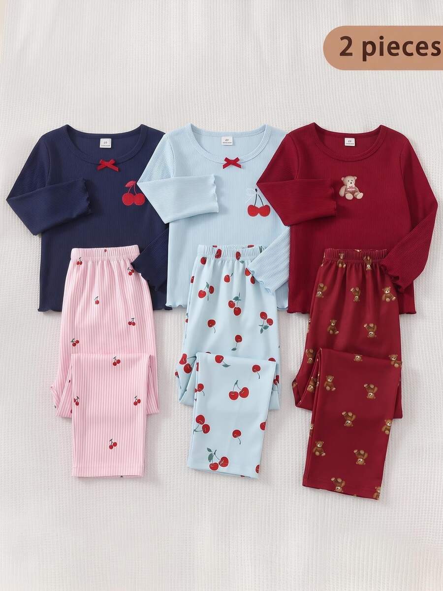 SHEIN 女童杏色羅紋熊圖案長袖上衣與休閒熊圖案長褲家居服套裝 - 酒紅色 - 查看 1