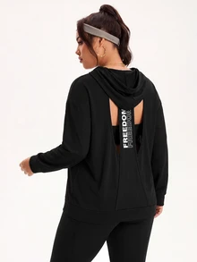 Easithlete Plus Size Women's Back Letter Print Cutout Long Sleeve Hooded Sweatshirt - Black - View 4