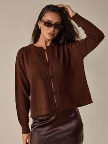 SHEIN Women's Vintage Frog Button Long Sleeve Knit Cardigan - Brown - View 6