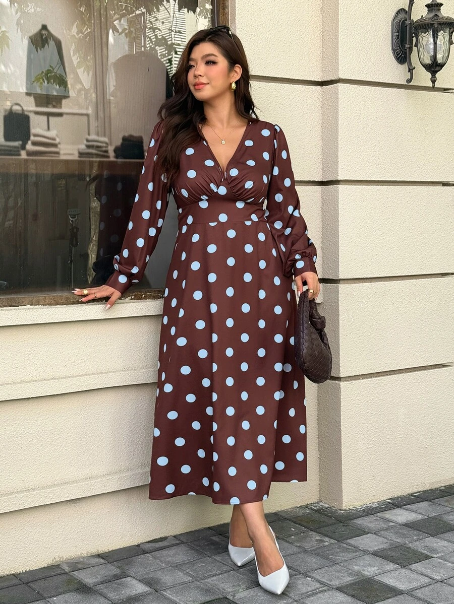 Easura Plus Size French Polka Dot Print Pleated Dress - Multicolor - View 1